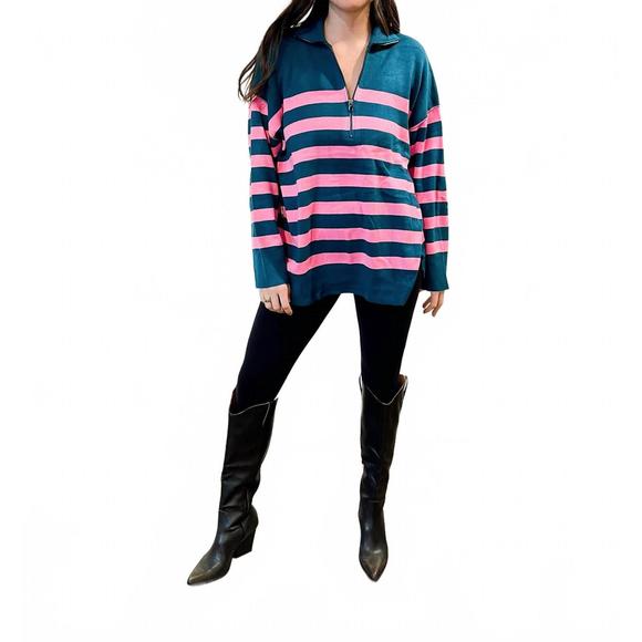 NEW LITTLE DAISY CLOSET tish striped quarter zip pullover sweater in green/pink - Picture 1 of 3
